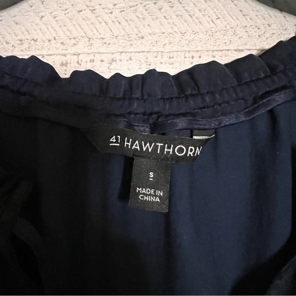 41 Hawthorn Ruffle Collar V neck Drawstring Navy Blue Sleeveless Blouse Small - Picture 4 of 7